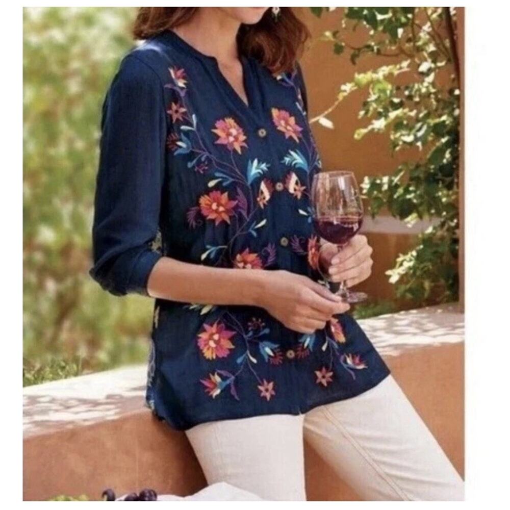 Soft Surroundings Nesta Navy Embroidered Floral Button Blouse Tunic Top XL